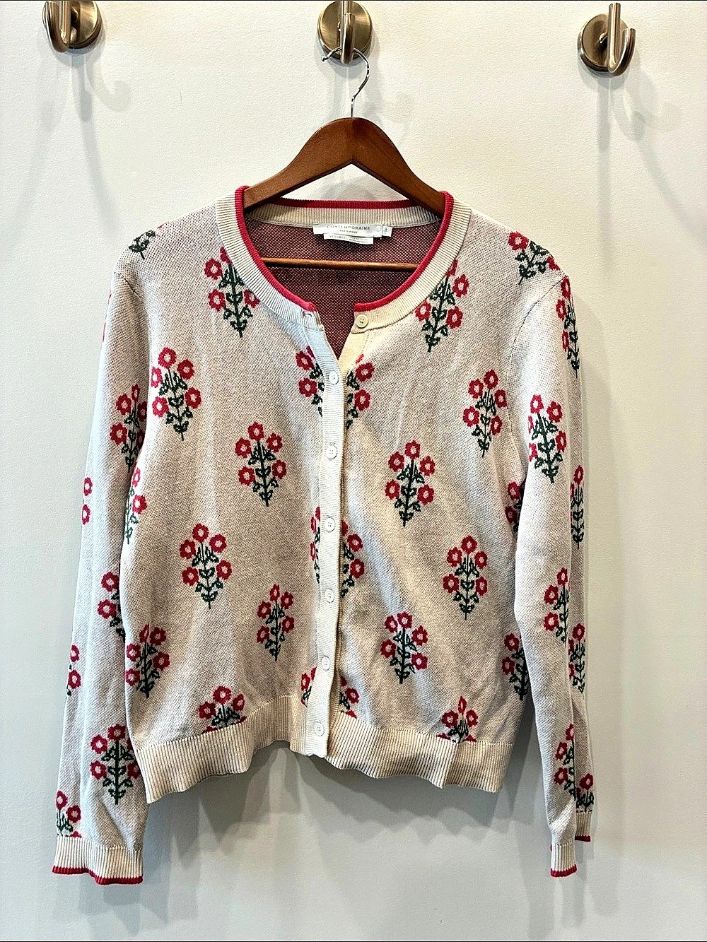 Simons Contemporaine Floral Cotton Cardigan in Beige & Pinky-Red / Size Large
